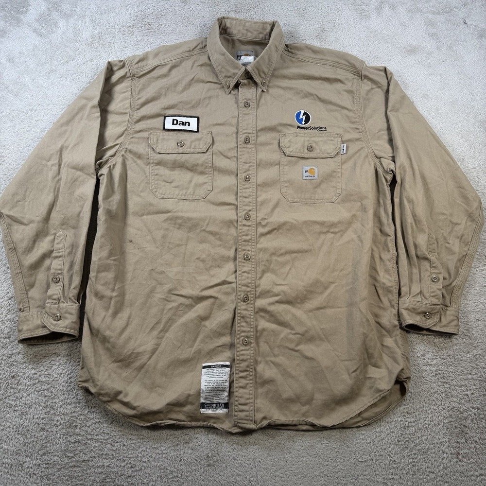 Carhartt FR Shirt Mens XL Khaki Tan Flame Resistant Long Sleeve Button Down Work